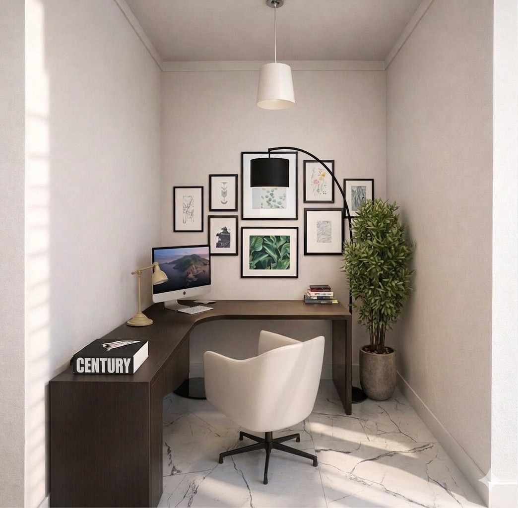 Rendering 3D dello studio finito con scrivania, gallery wall e pianta